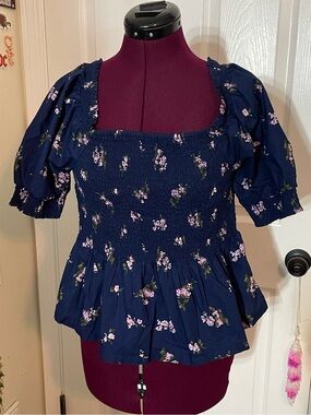 Lands' End Navy Smocked Floral Peplum Top with Puff Sleeves
